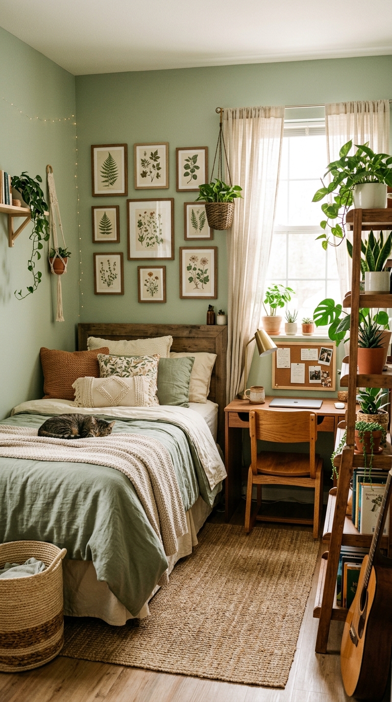 sage green dorm room with plants, botanical prints, and earthy warm tones for a calming college room aesthetic