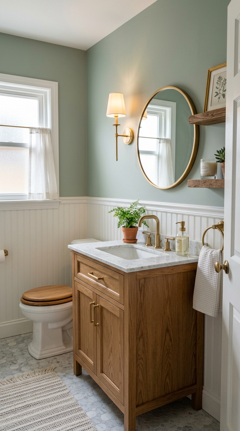 Sage green half bathroom with white wainscoting and warm wood vanity