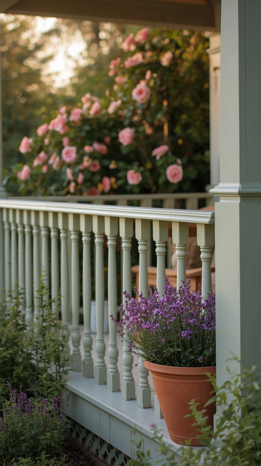 Sage green painted wood porch railing on a cottage home with climbing roses and lavender pots
