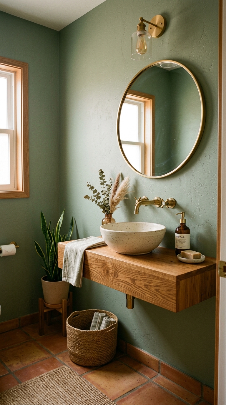 Sage green powder room with natural wood shelf and brass fixtures