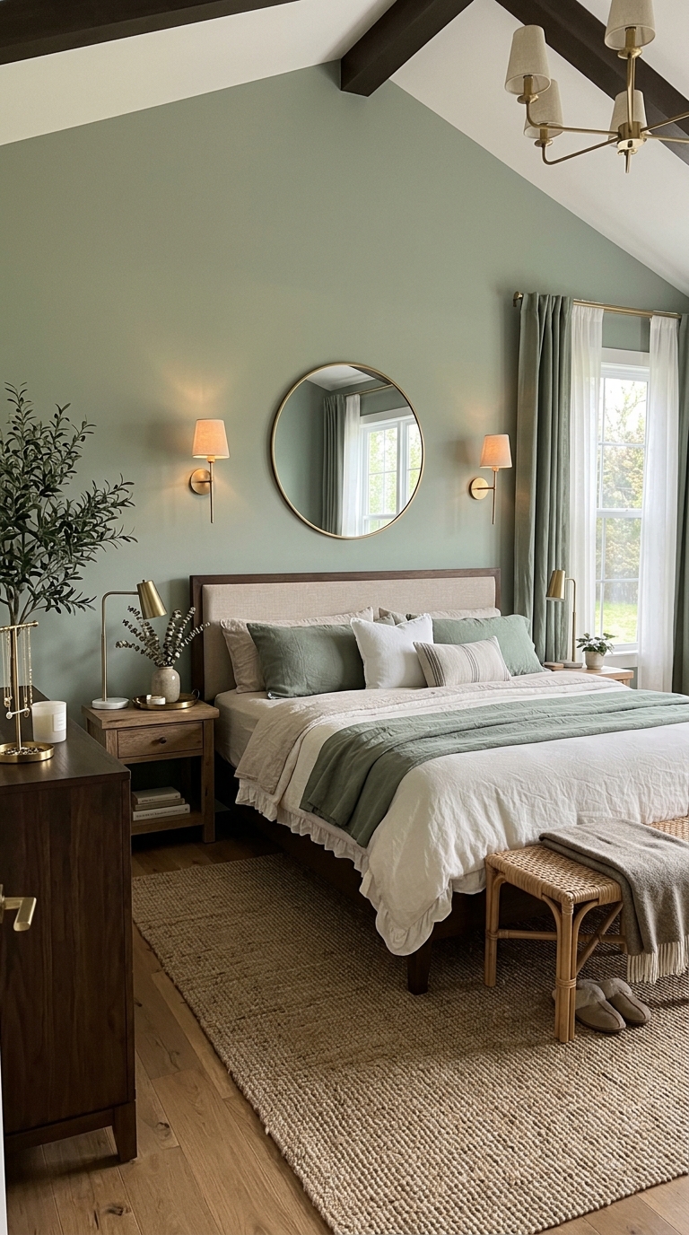 Sage green master bedroom with linen bedding and metallic accents