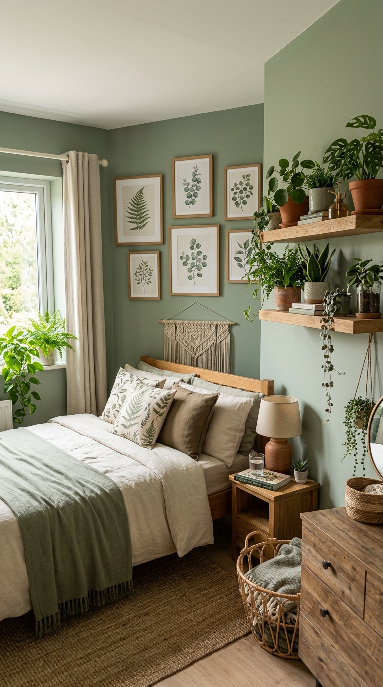 Sage green small bedroom with botanical prints, plant shelf, and warm wood accents for a calming nature-inspired aesthetic