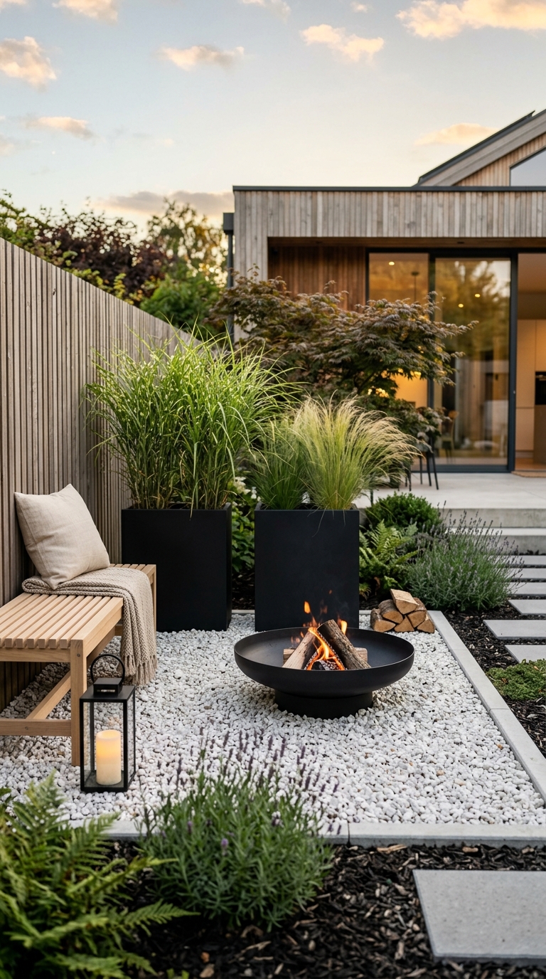 Minimal Scandinavian backyard with a matte black fire bowl and white gravel