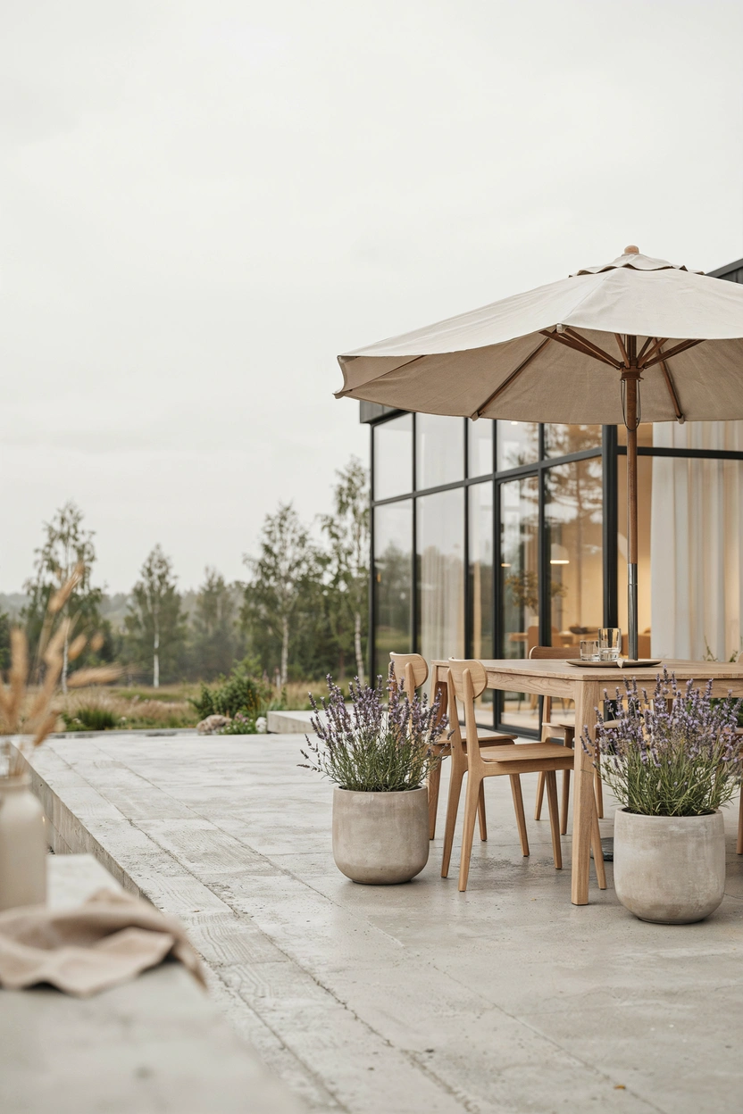 Scandinavian-style outdoor patio table with neutral modern decor