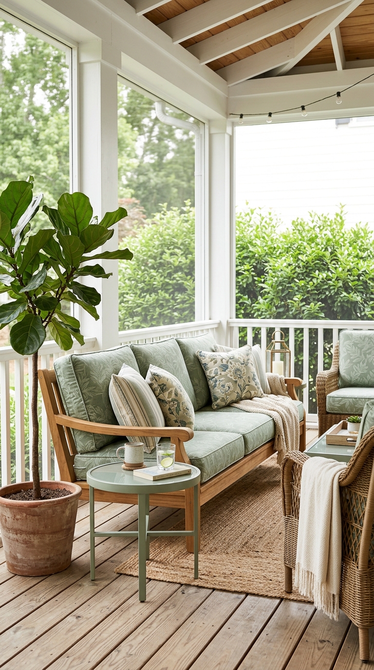 Durable screened porch furniture with teak sofa, Sunbrella cushions, wicker chair, and aluminum side table