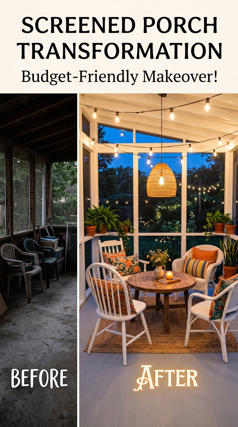 Affordable screened porch makeover with painted floor, thrifted chairs, Edison string lights and colorful cushions