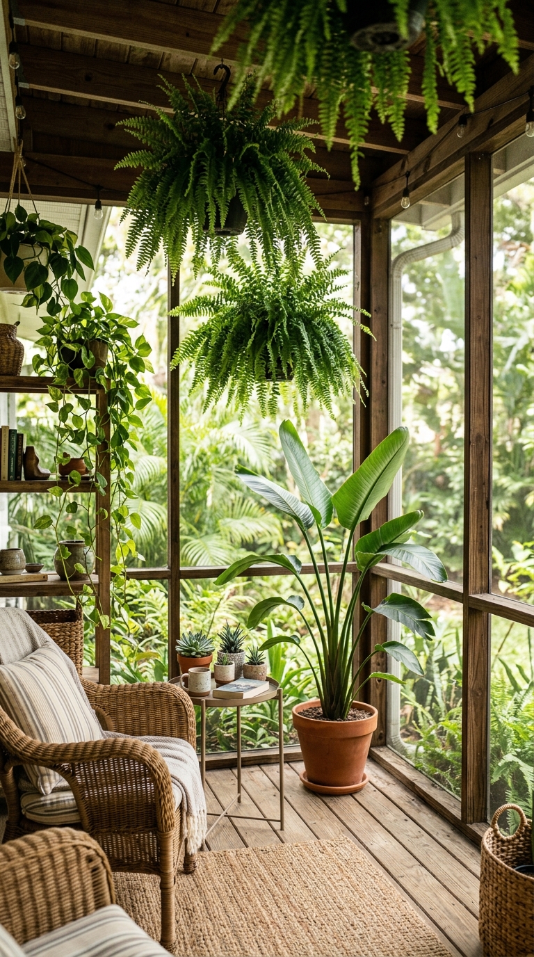 Screened porch with hanging ferns, bird of paradise, trailing pothos, and layered plant decor in filtered light
