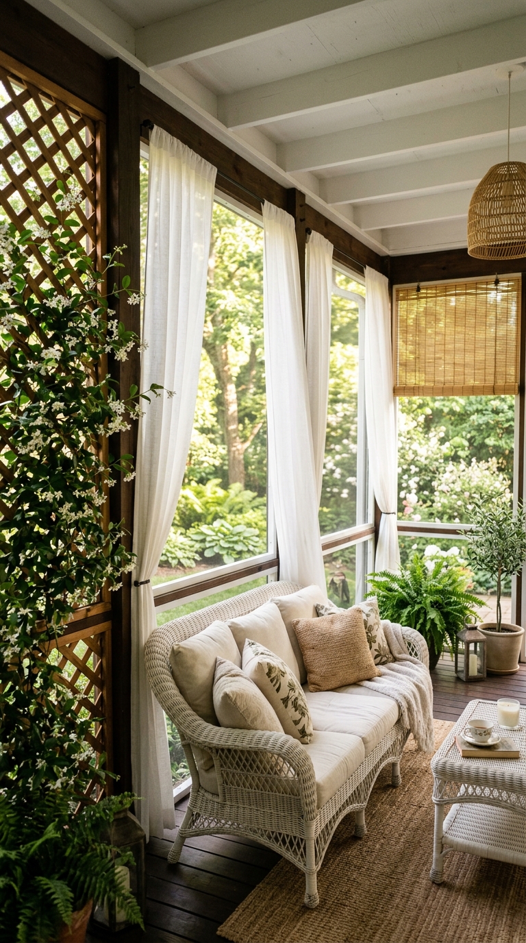 Screened porch privacy ideas with white curtains, cedar lattice with climbing plants, and bamboo shades