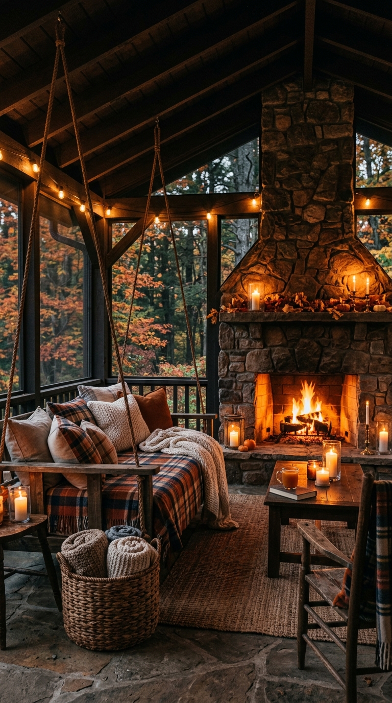 Cozy screened porch with stone fireplace, hanging daybed, plaid pillows, and warm fall evening ambiance