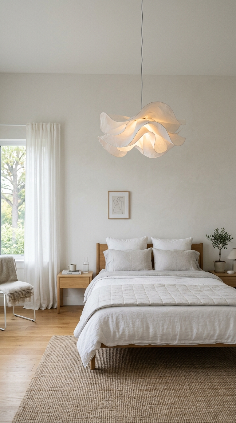 Modern bedroom with sculptural pendant lighting and pale bedding