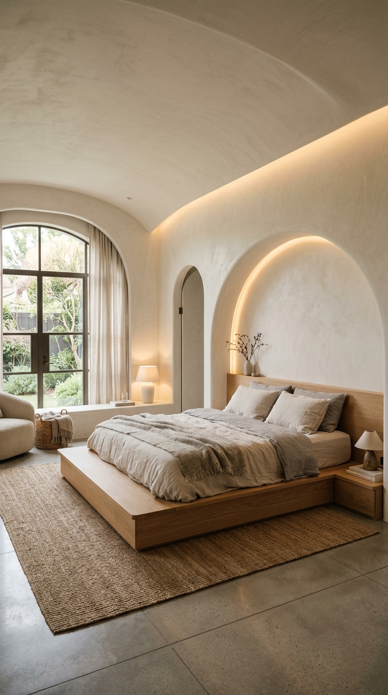 Sculptural plaster wall master bedroom with integrated lighting