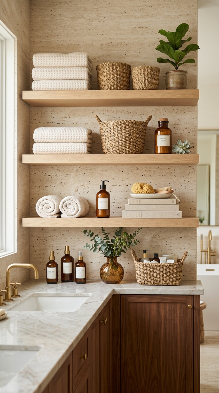 Natural seagrass baskets on white bathroom shelves for organized and aesthetic small bathroom storage