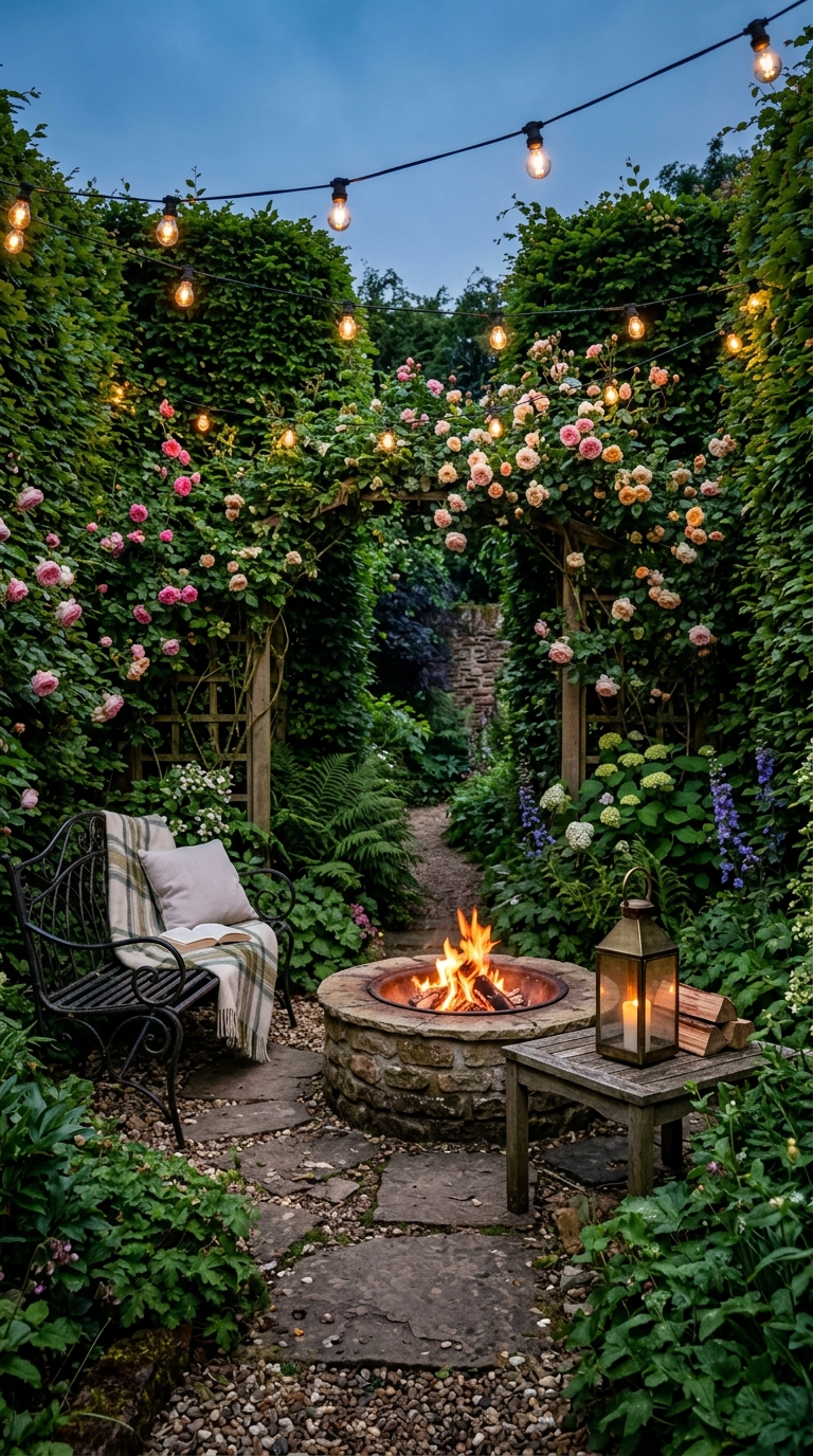 Hidden garden fire pit surrounded by lush hedges and climbing roses