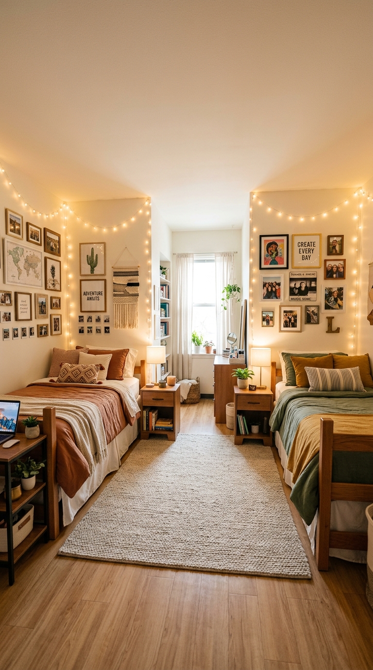 Shared dorm room with individual style zones, string lights, gallery walls, and coordinated neutral decor for college