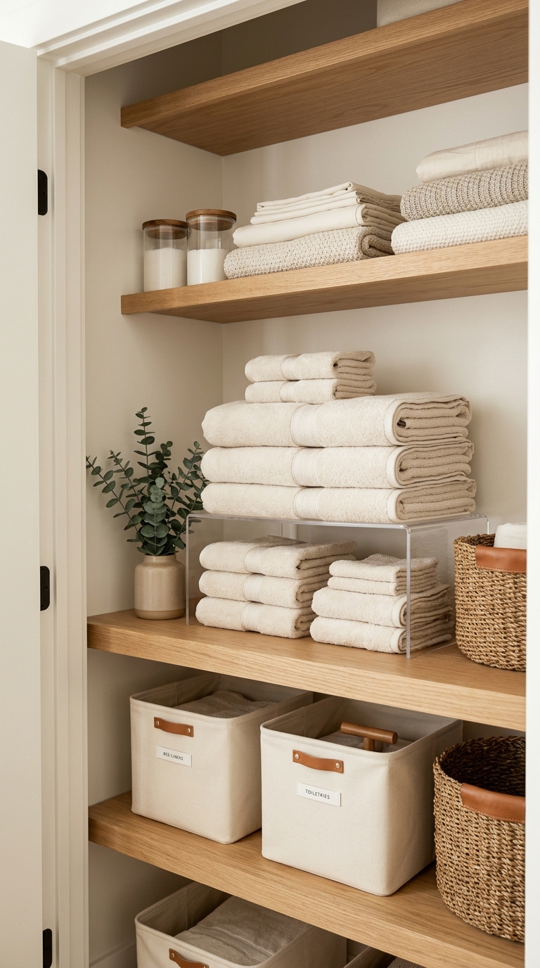 Shelf risers maximizing storage in a linen closet