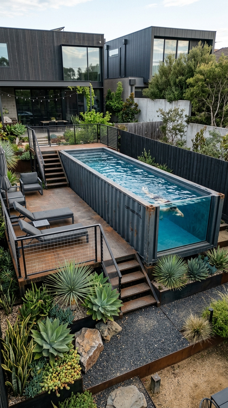 Shipping container pool on industrial steel deck with glass panel wall