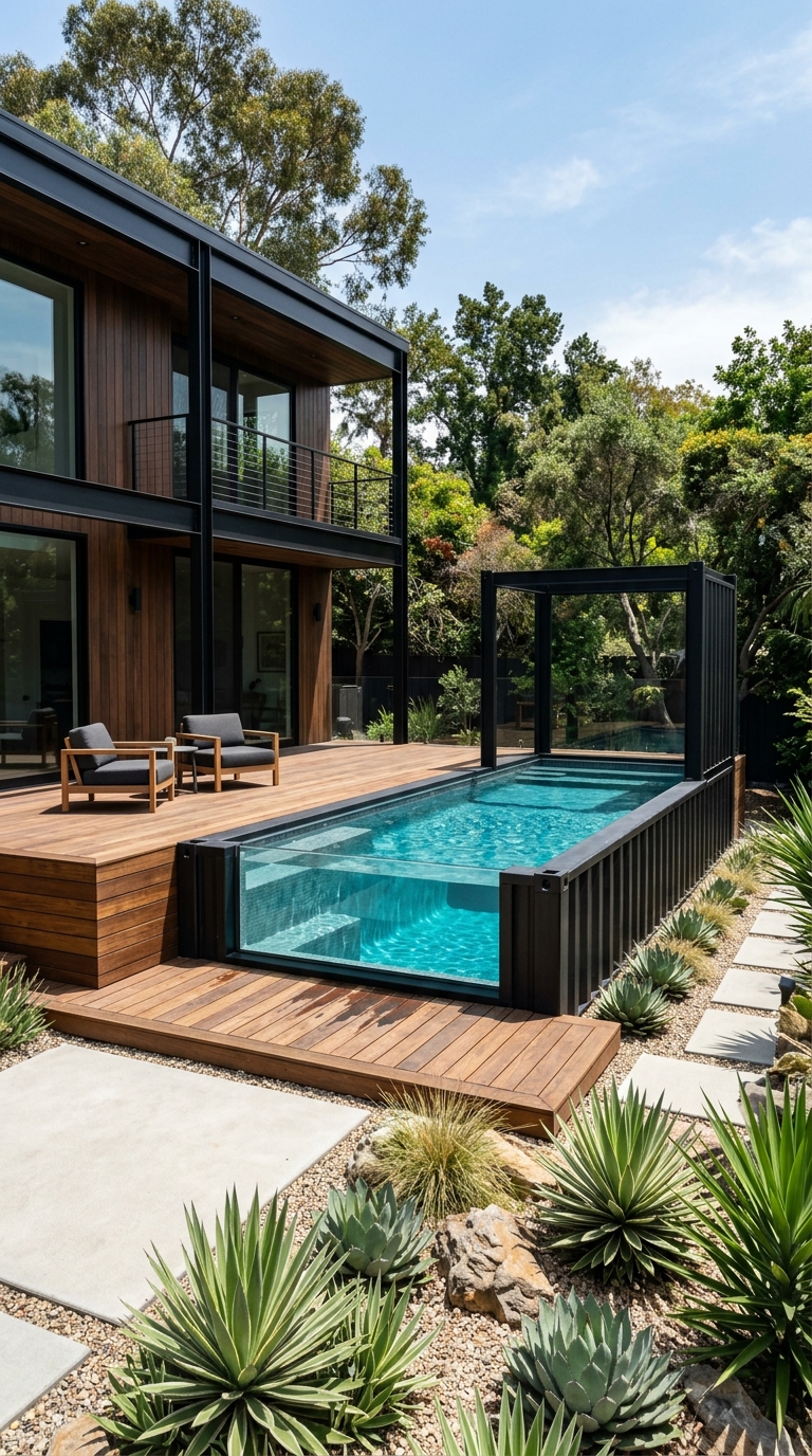 Modern shipping container swimming pool with timber decking and industrial landscaping