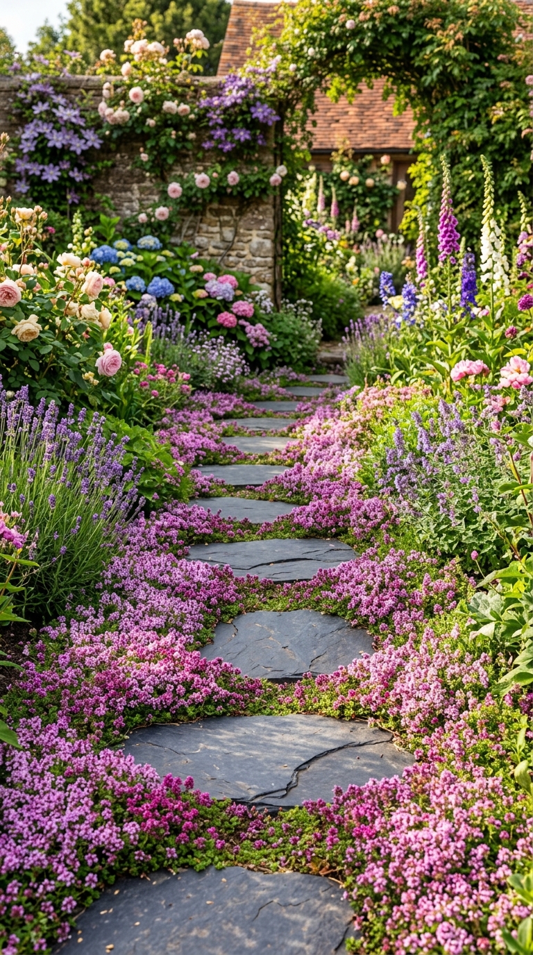 Dark slate stepping stone path with creeping thyme blooming between stones in a summer garden