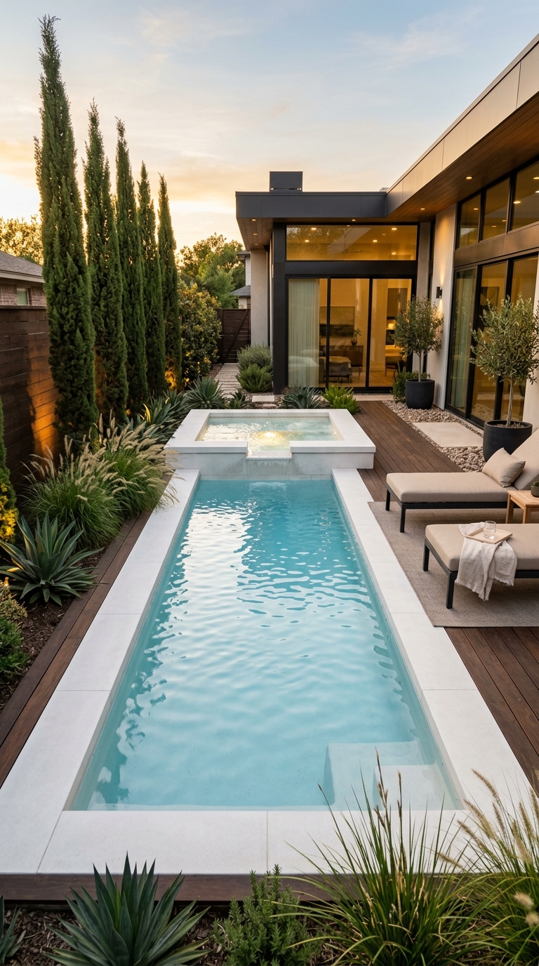 Sleek modern plunge pool with an integrated hot tub in a small backyard.