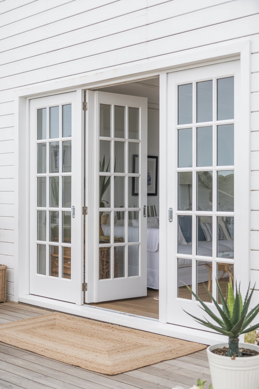 White sliding French patio doors with divided glass panels opening onto a wooden deck in a bright coastal home