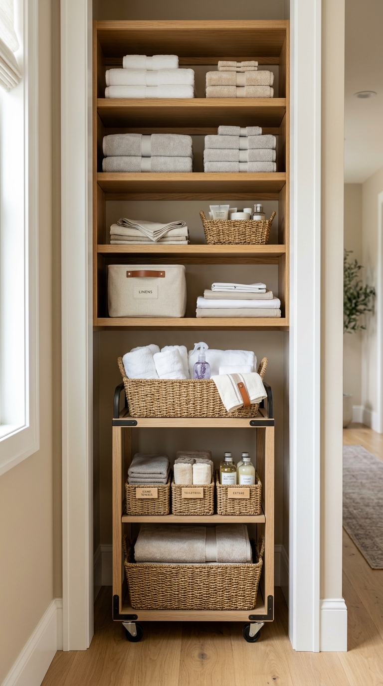 Slim rolling cart for deep narrow linen closet storage