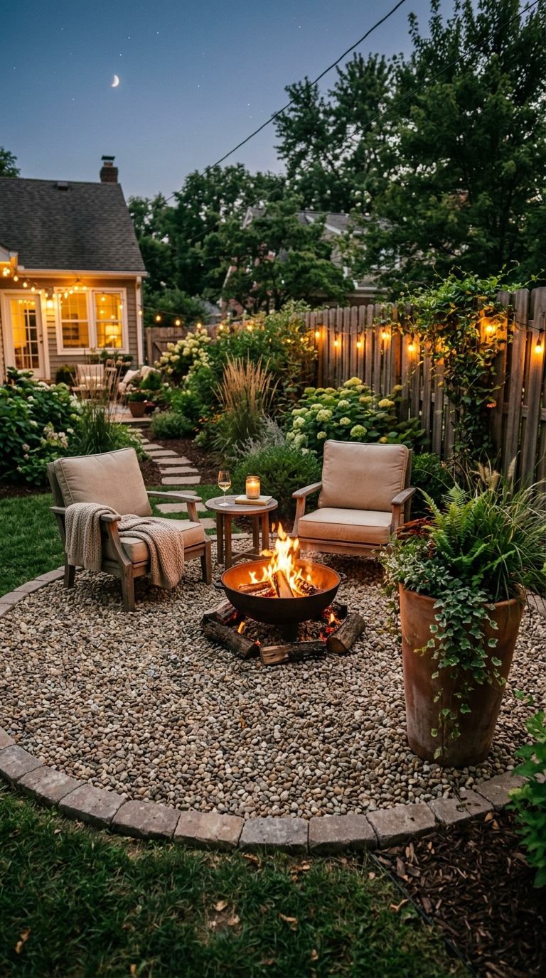 Small backyard gravel fire pit circle with portable fire bowl and outdoor chairs in a cozy compact backyard