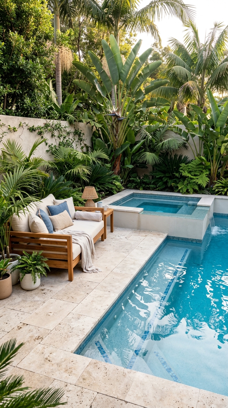 Compact spool with raised spa waterfall surrounded by tropical landscaping.