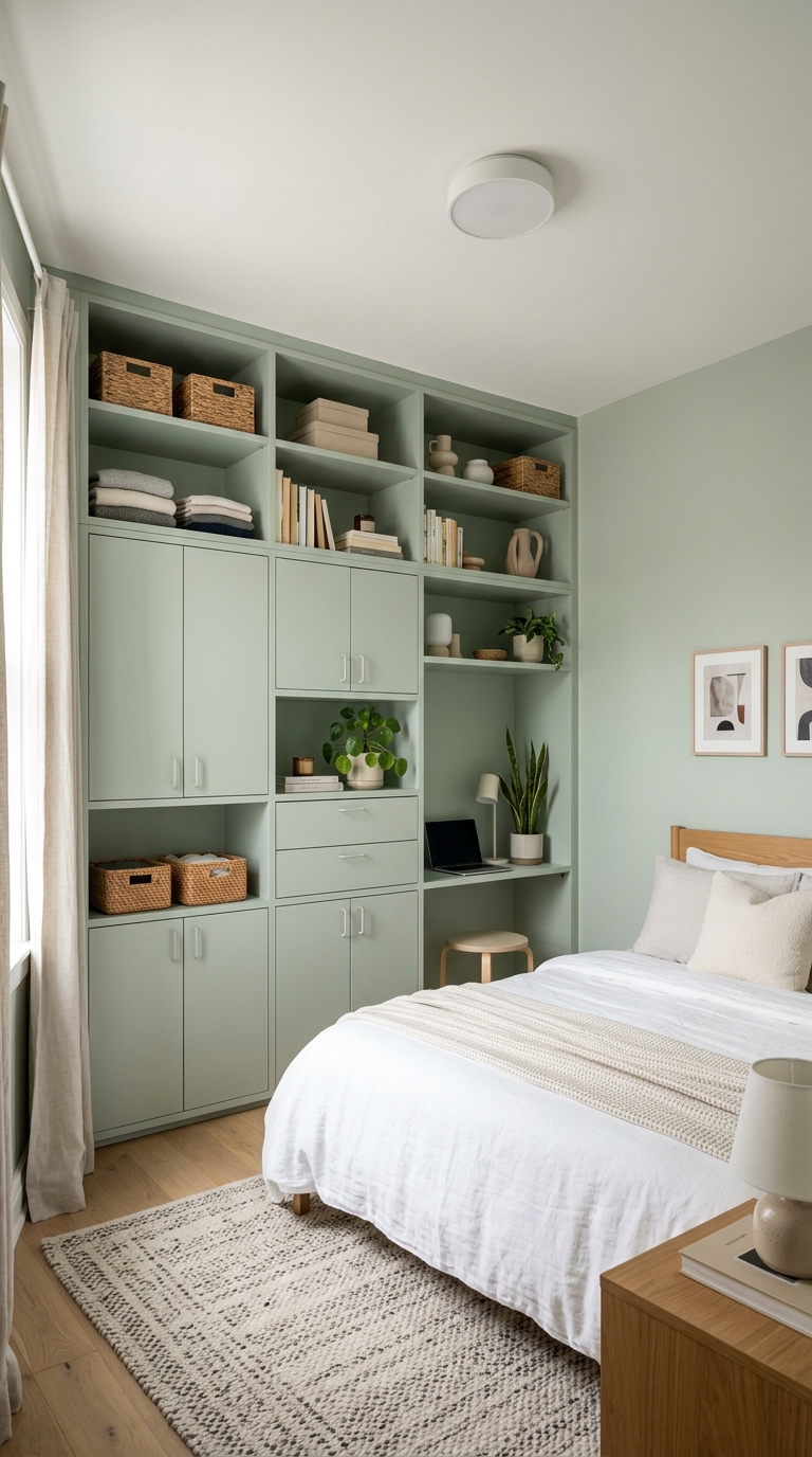 Small bedroom with no closet solved by floor-to-ceiling vertical storage wall with modular shelves and organized minimal styling