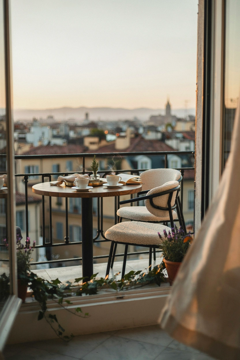 Small modern bistro patio table setup on a stylish apartment balcony