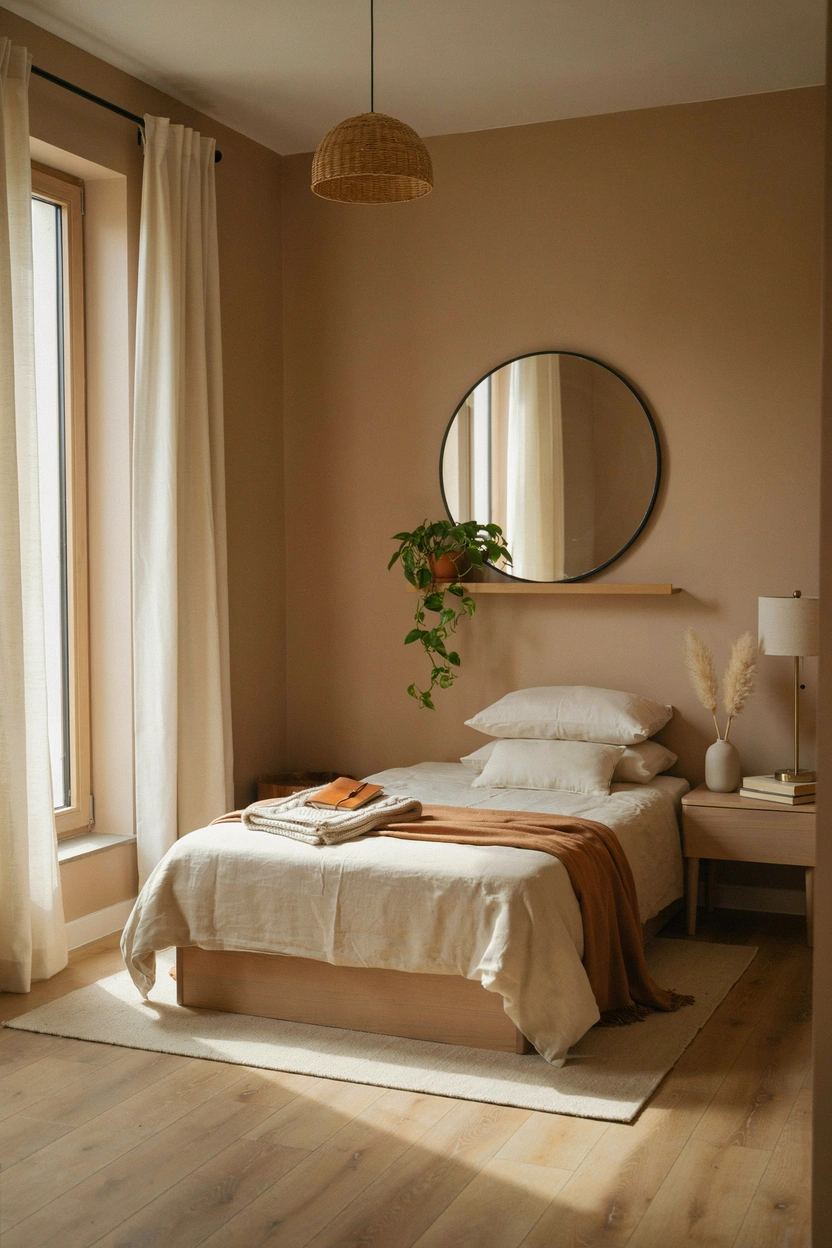 Small brown bedroom ideas with warm caramel walls and minimal decor — cozy compact bedroom design that doesn't feel cramped