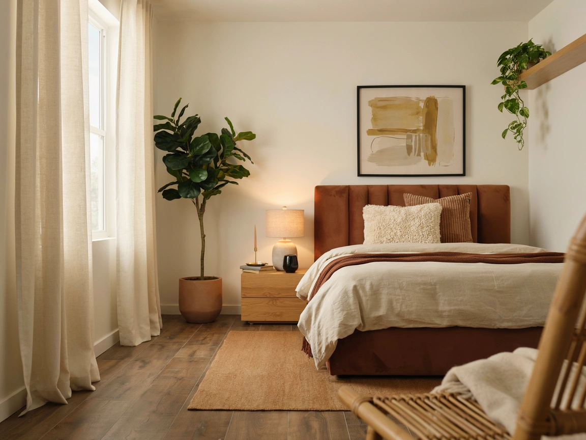 Cozy small brown bedroom with stylish decor