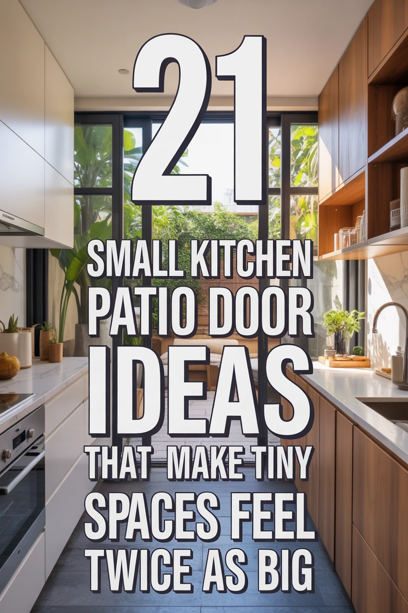 Modern small kitchen with black sliding patio doors, warm wood cabinets, and bright natural light