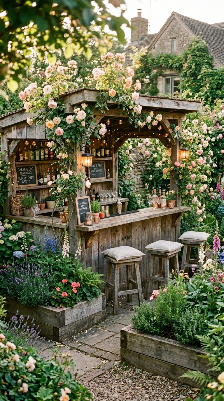 Compact corner backyard bar with L-shaped design, wall-mounted shelving, hanging glass rack, and warm pendant light on a small urban patio