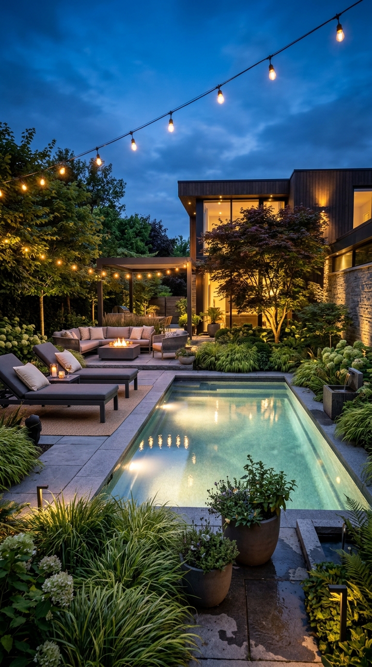 Luxury small pool illuminated with warm LED lighting during the evening