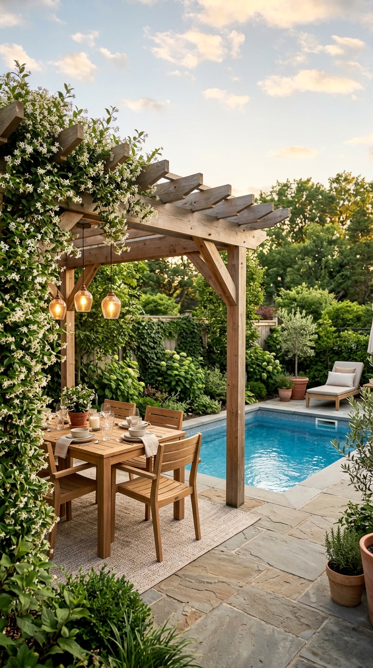 Compact swimming pool with timber pergola and stylish outdoor dining area