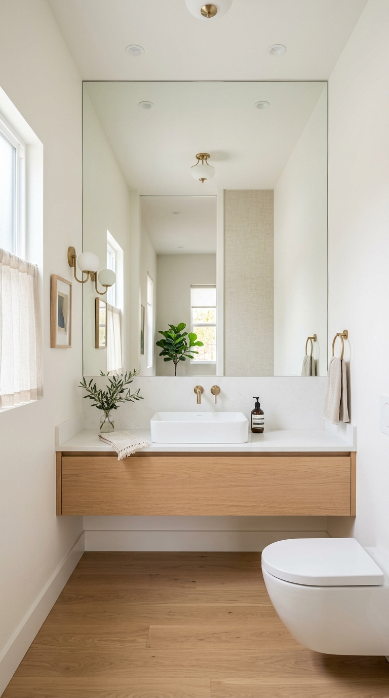 Small powder room with oversized mirror and floating vanity to maximize space