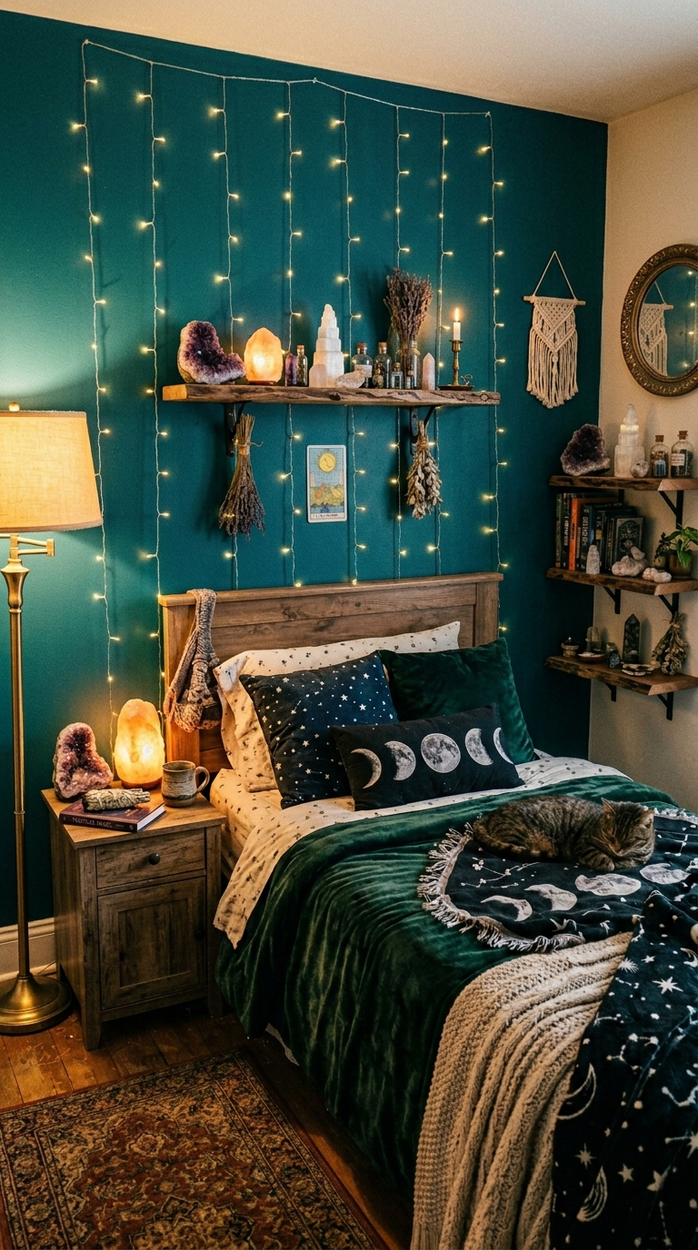 Small witchy bedroom with deep teal accent wall, floating crystal shelf, layered fairy lights and floor lamp, maximizing magic in a tiny space