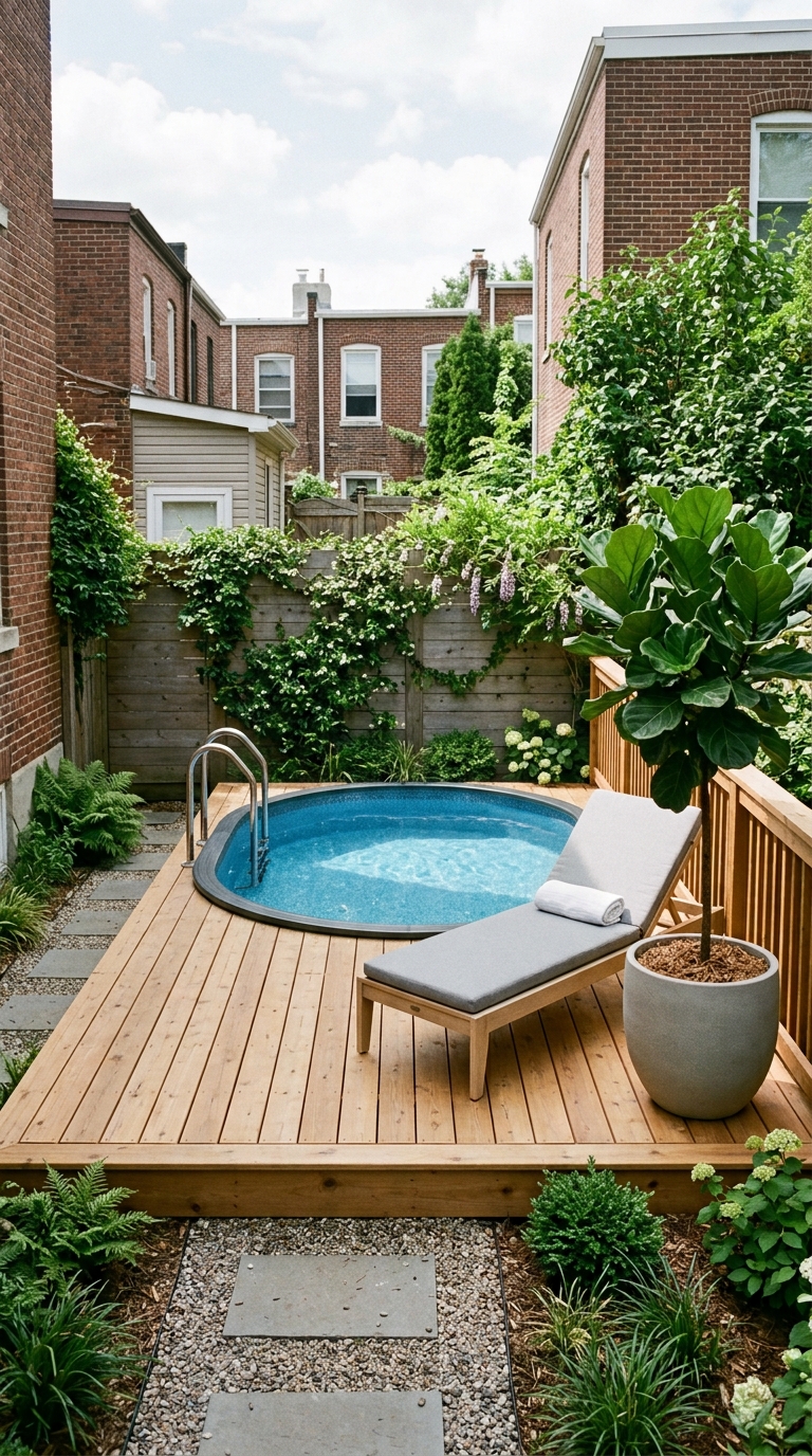 Small compact above ground pool deck in small urban backyard