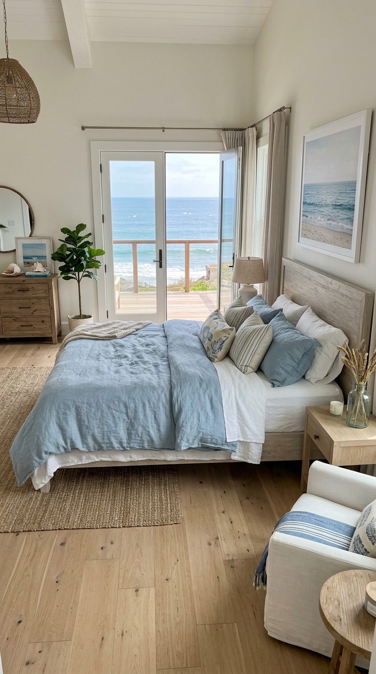 Soft blue coastal-style master bedroom with light wood flooring