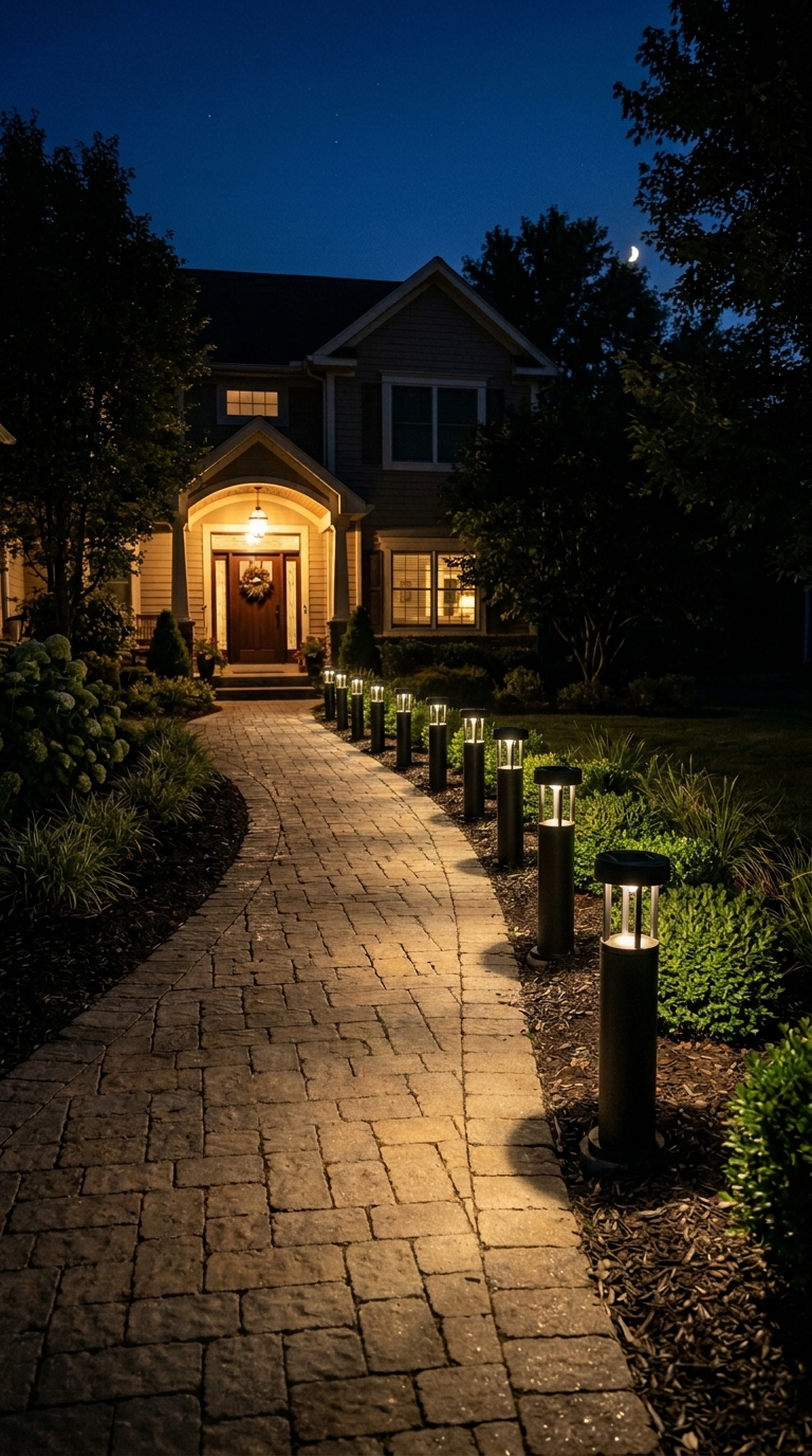 Solar bollard lights lining a front walkway at night