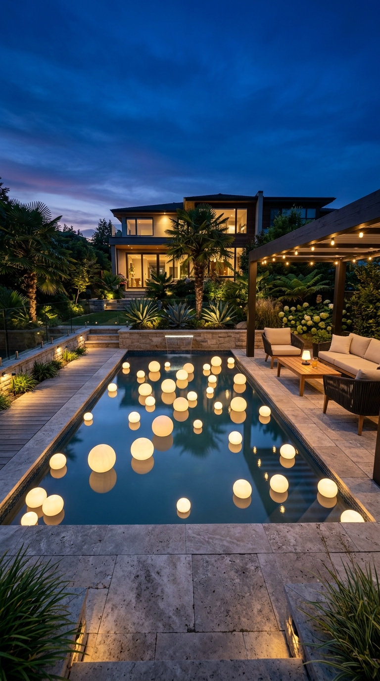 Beautiful solar floating lights glowing across a backyard swimming pool during a peaceful evening