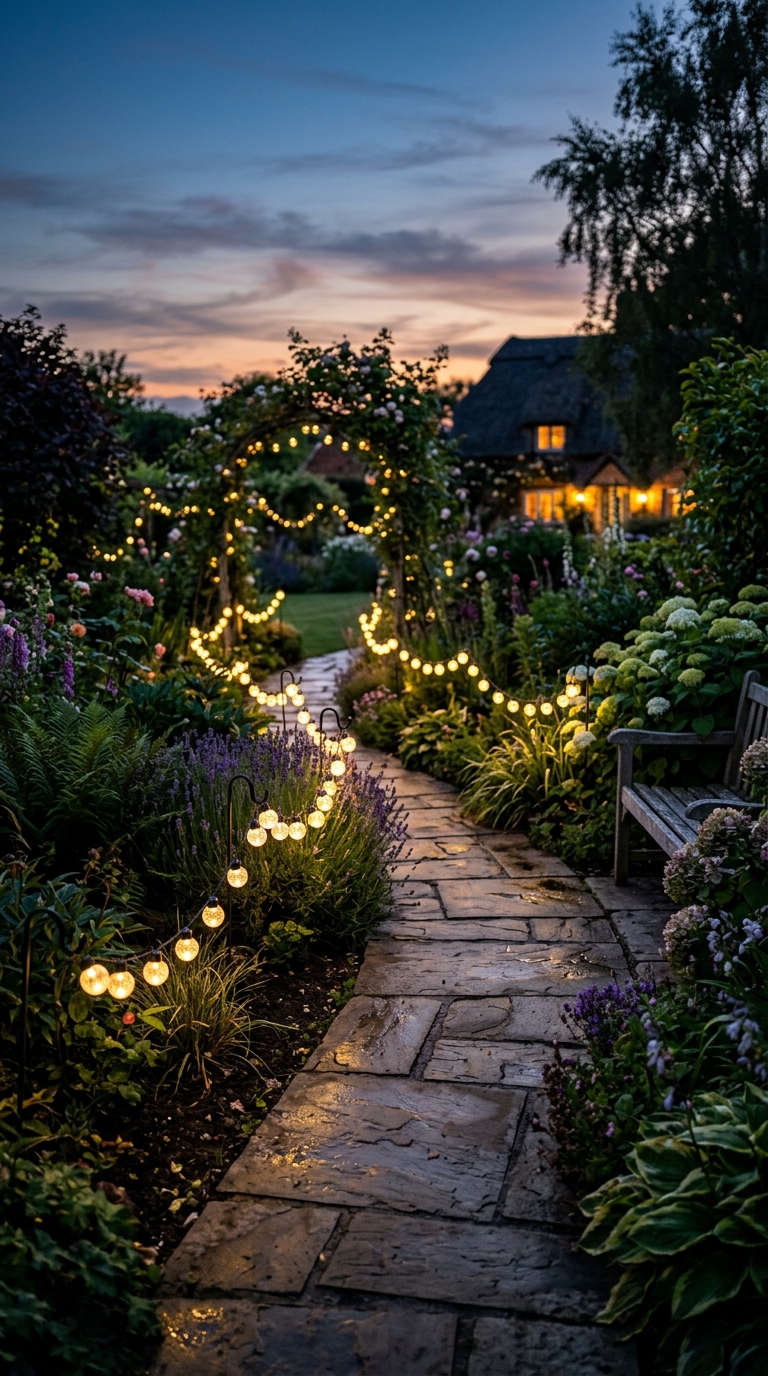 Glowing solar globe string lights along a curved garden walkway