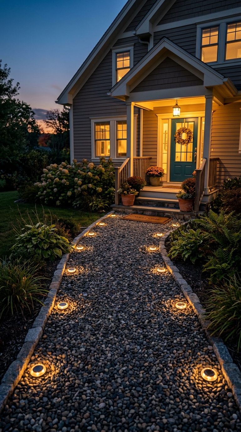 Solar lights embedded in a gravel walkway glowing softly at dusk