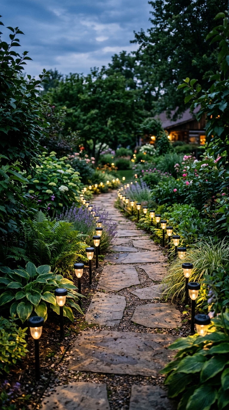 Solar spike lights bordering a garden walkway path