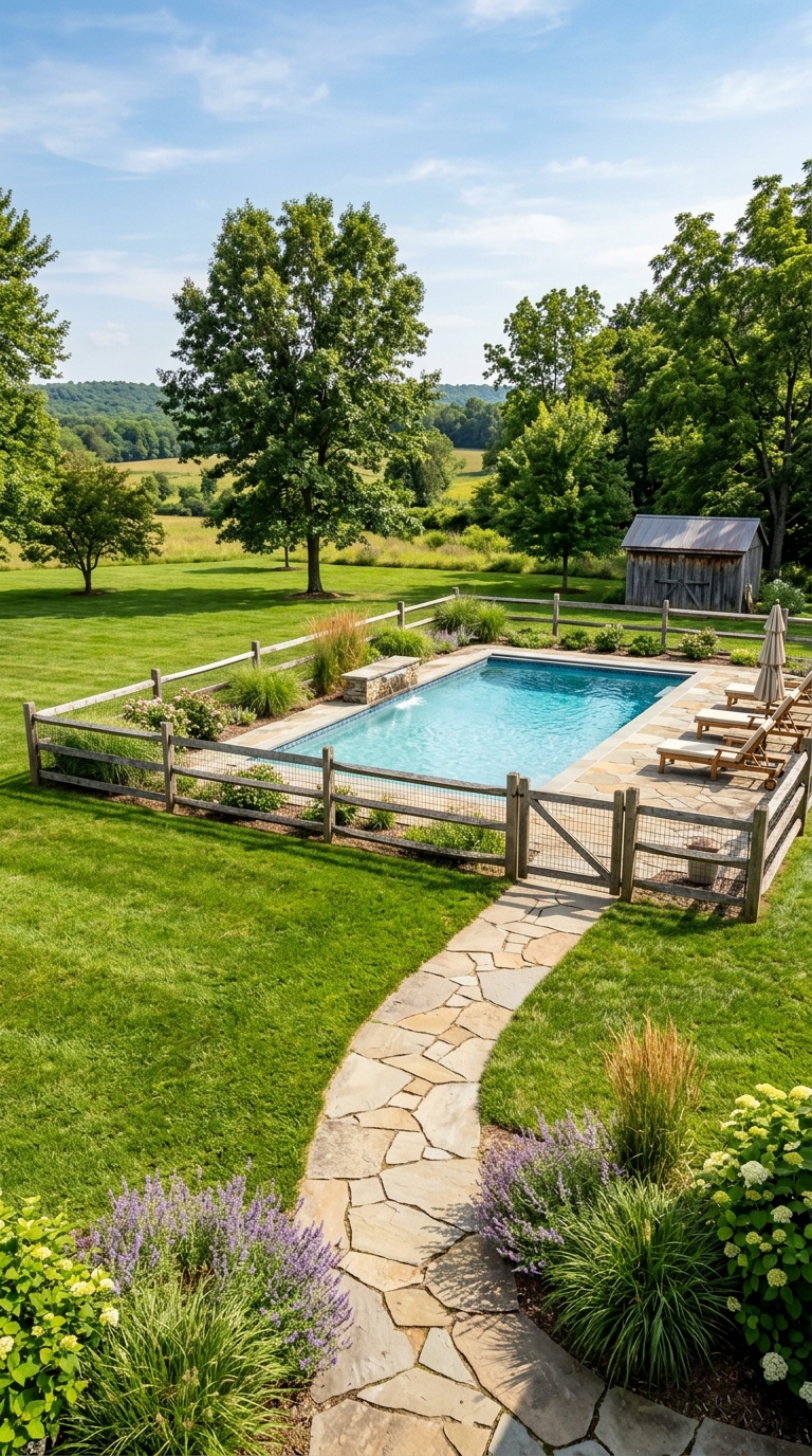 Rustic split rail pool fence with welded wire mesh insert.