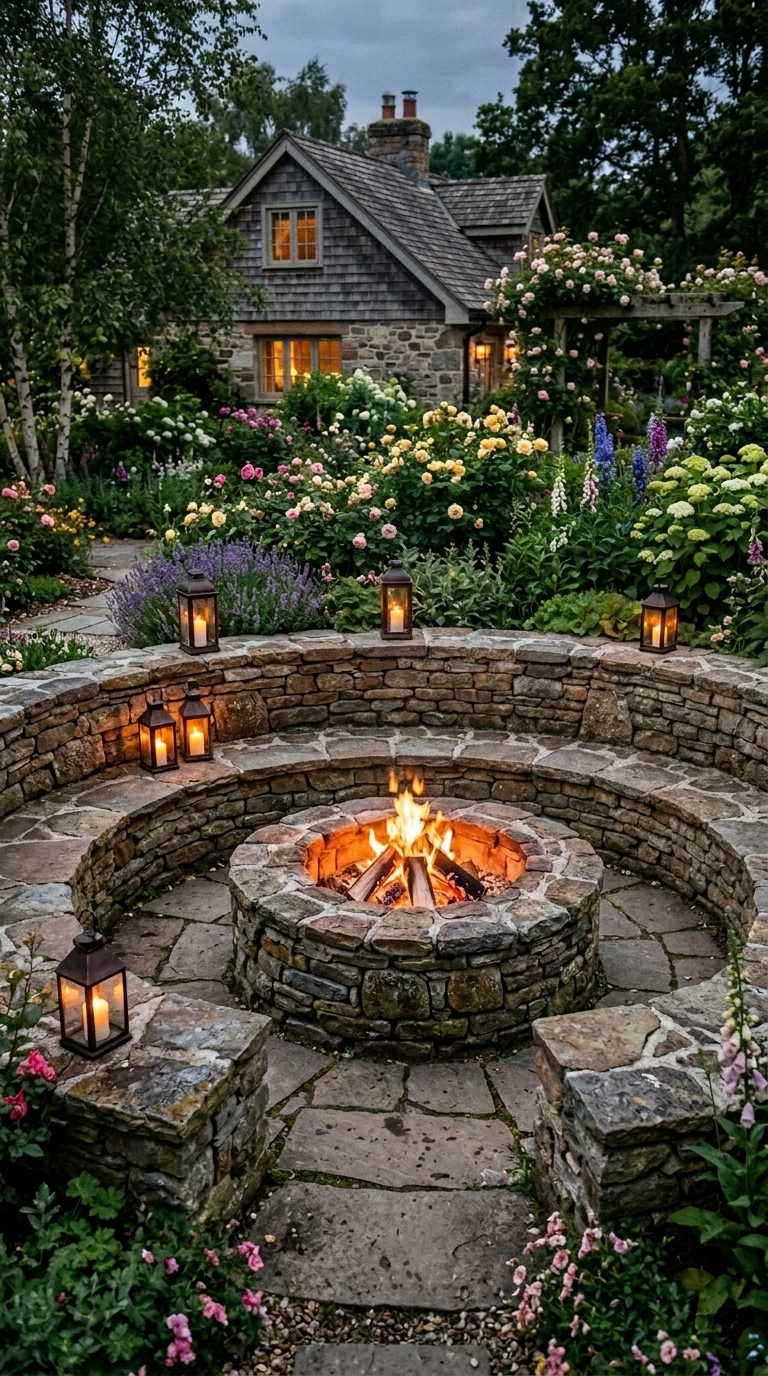 DIY stacked fieldstone fire pit with stone bench walls and lanterns in a cottage backyard