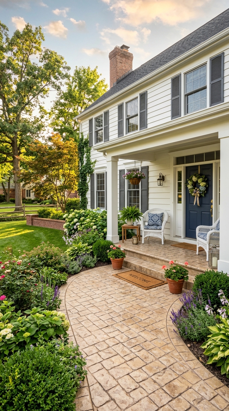 Stamped cobblestone concrete porch in warm tan finish on a traditional colonial home