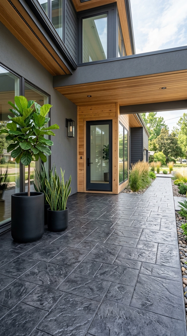 Stamped slate pattern concrete porch floor in charcoal on a contemporary home
