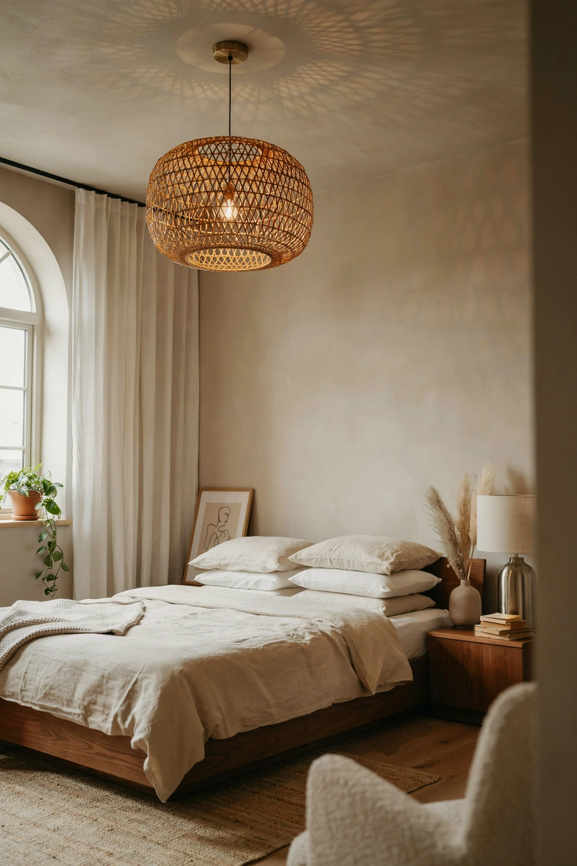 Small brown bedroom with a rattan globe pendant light drawing the eye upward, paired with brass accents and earthy tone bedding