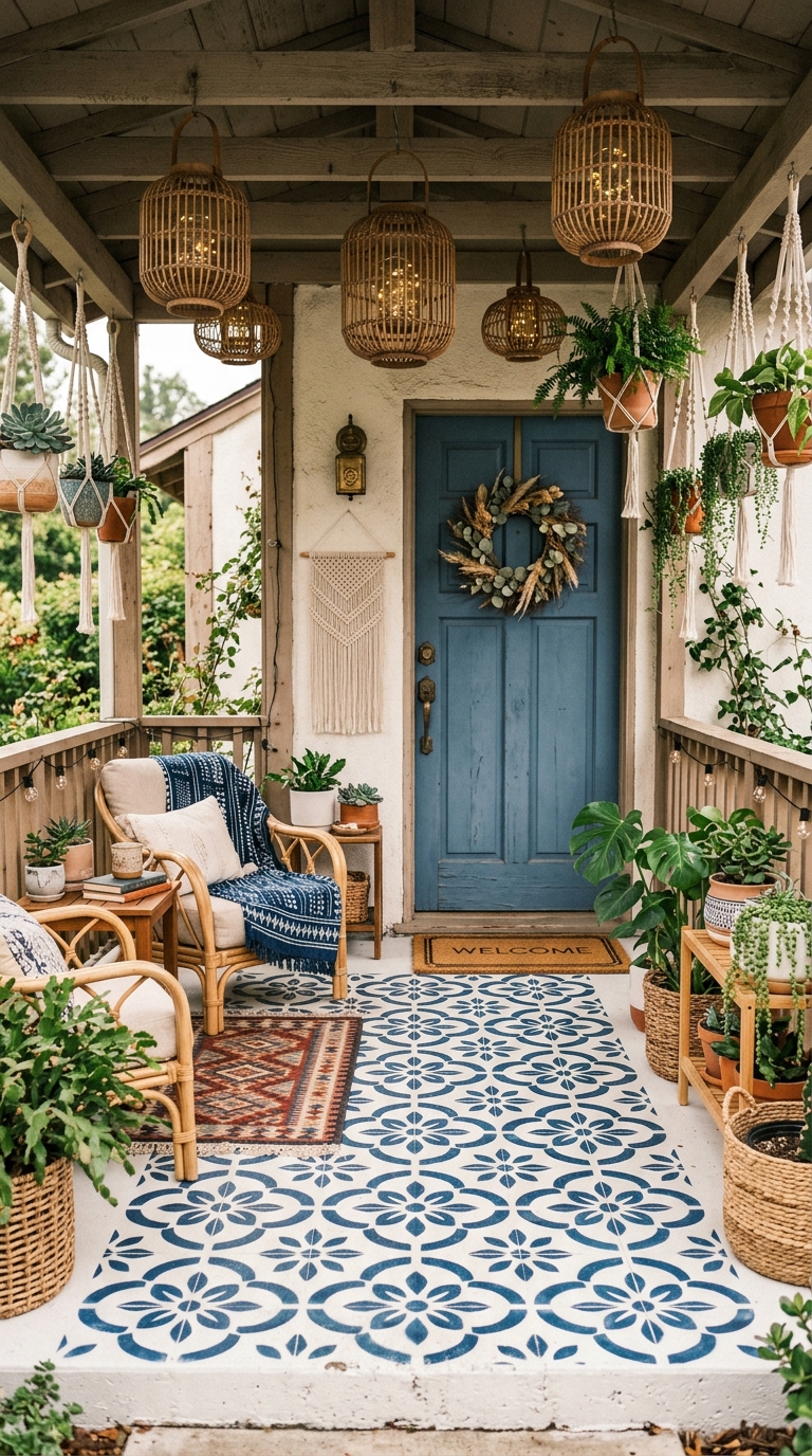 DIY stenciled Moroccan tile pattern on painted concrete porch floor in blue and white